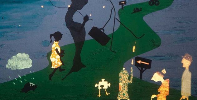 Geanimeerde afbeelding met meerdere figuren op een groene weg tijdens de nacht.