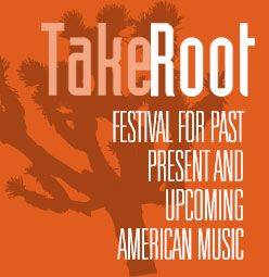 Logo van het TakeRoot-festival met de tekst: “Festival for past, present and upcoming American music” op een oranje achtergrond.