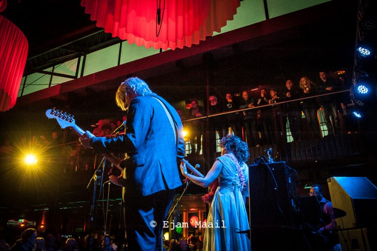 Een optreden van muzikanten op een podium, gefotografeerd van achteren, met een publiek op de achtergrond.