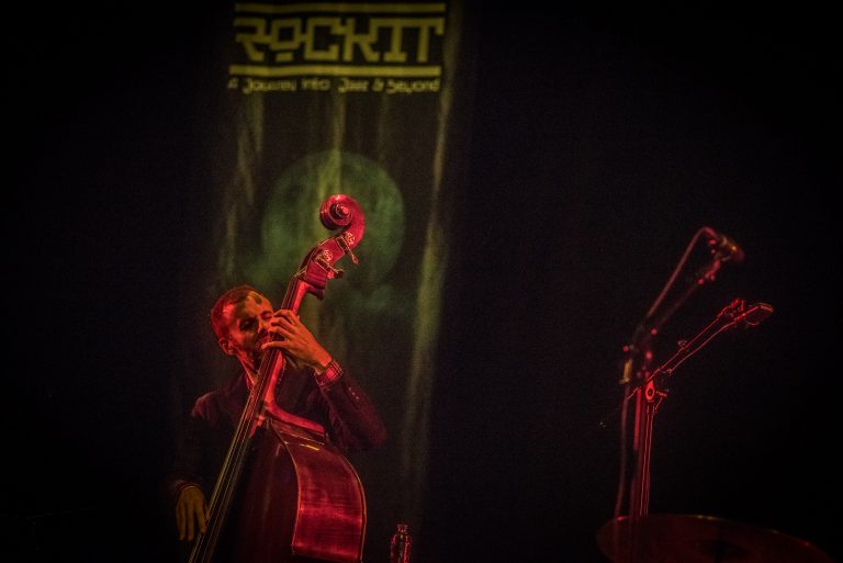 Een muzikant speelt contrabas op het podium met sfeerverlichting op de achtergrond.