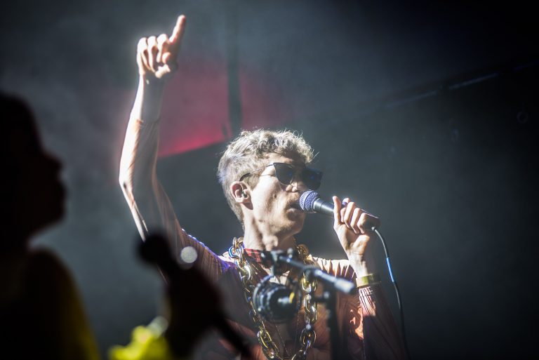 Een muzikant staat op het podium en zingt in een microfoon met een hand omhoog.