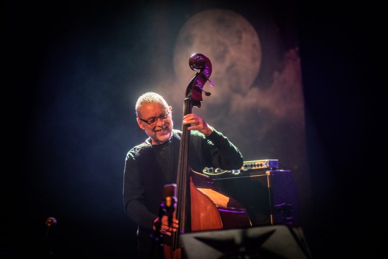Een muzikant speelt contrabas op een podium, verlicht door sfeervolle lichten en met een grote volle maan op de achtergrond.