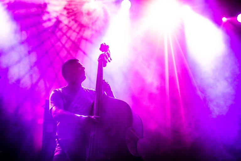 Silhouet van een muzikant die een contrabas bespeelt, verlicht door paarse en witte lichten.