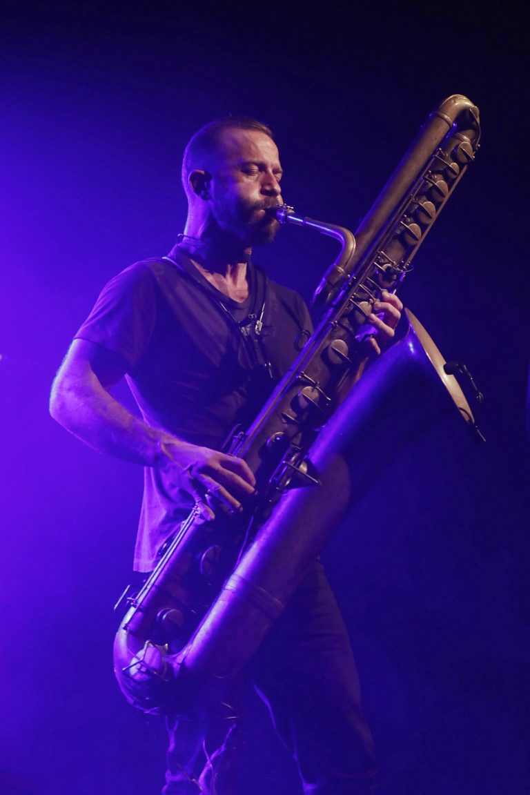 Een muzikant speelt op een grote, houten blaasinstrument op een podium met paarse verlichting.
