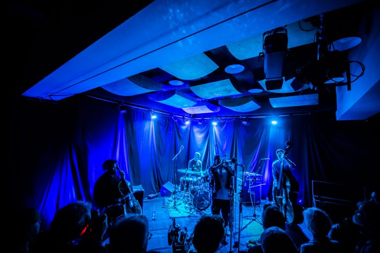Een band speelt live op een podium, verlicht met blauw licht en een publiek in de foreground.