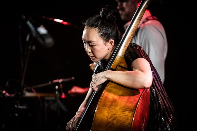 Een muzikante speelt geconcentreerd op een contrabas tijdens een live optreden.