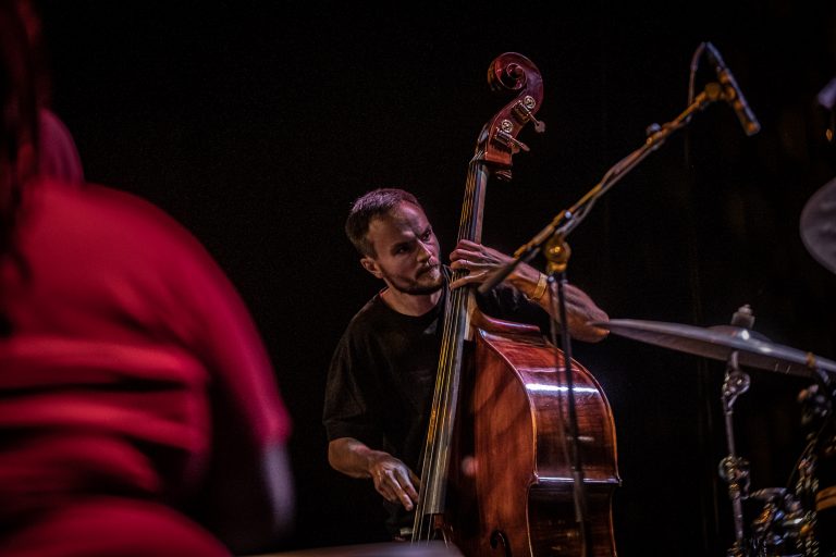 Een muzikant bespeelt een contrabas op het podium met een donkere achtergrond.