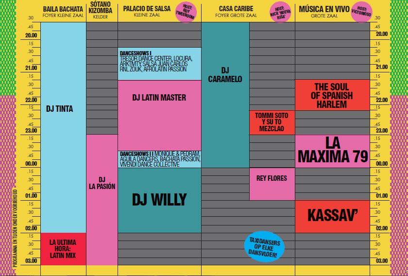 Een schema met verschillende evenementen en optredens, elk voorzien van kleurige blokken en namen van artiesten zoals DJ Willy en DJ Camarero.