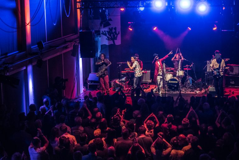 Een bandoptreden op een sfeervol verlicht podium met een enthousiast publiek.