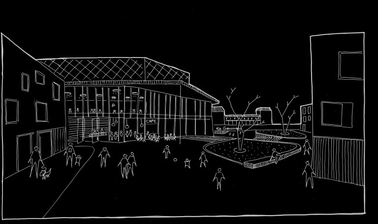 Tekening of een impressie van De Nieuwe Poort in diapositief.