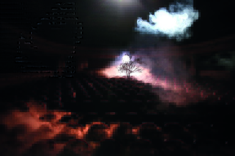 Een abstracte weergave van een duister landschap met vage kleuren en schaduwen.