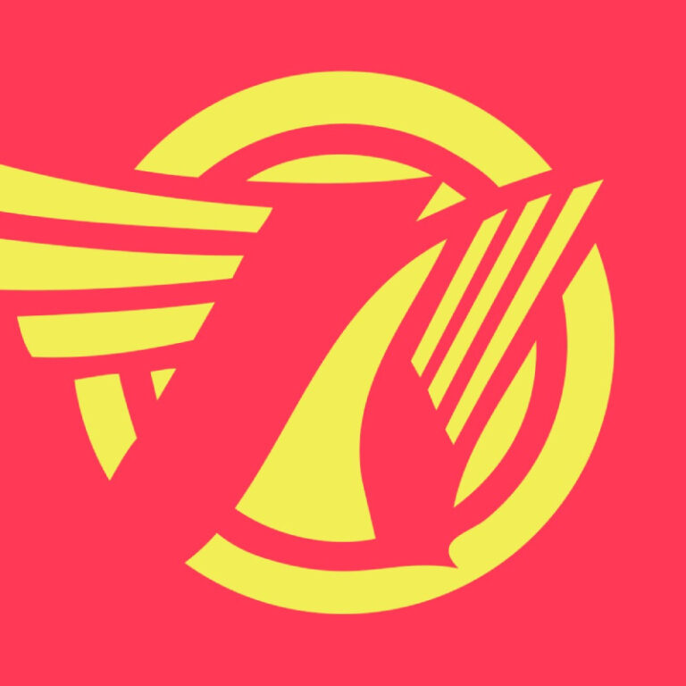 Logo met een gele vogel met vleugels tegen een roze achtergrond.