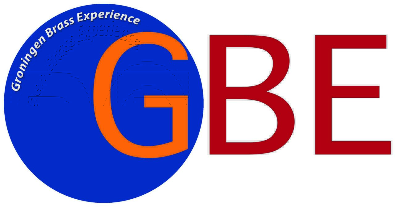 Logo met blauwe achtergrond, oranje en rode letters