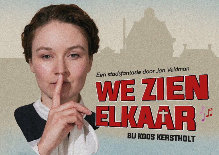 Een vrouw met een vinger op haar lip in een historische setting, met de tekst