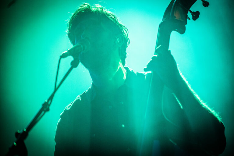 Silhouet van een muzikant die zingt en een instrument speelt, omringd door groenachtig licht.