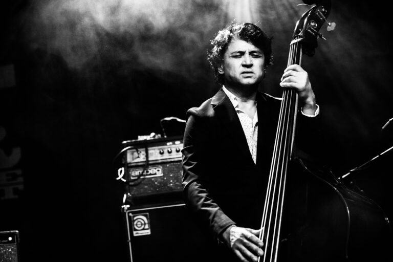 Een muzikant speelt op een contrabas terwijl hij op het podium staat, met een versterker op de achtergrond.