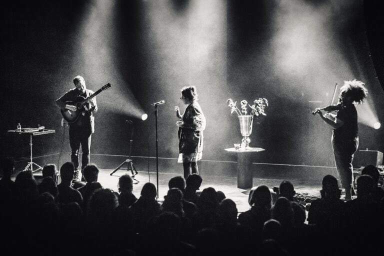 Een muzikale optreden met drie artiesten op het podium, omringd door een enthousiast publiek en verlicht door sfeervolle lichten.