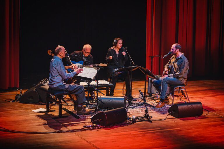 Een muzikale groep van vier artiesten voert een optreden uit op een podium met zachte verlichting.