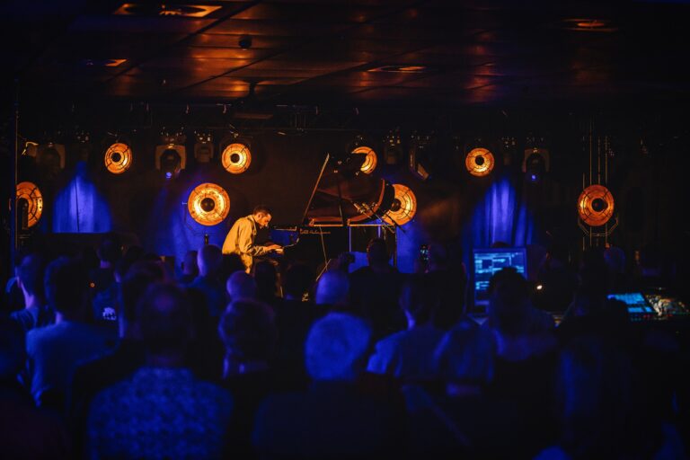 Een muzikant speelt op een podium met een lichteffect, omringd door een enthousiast publiek.