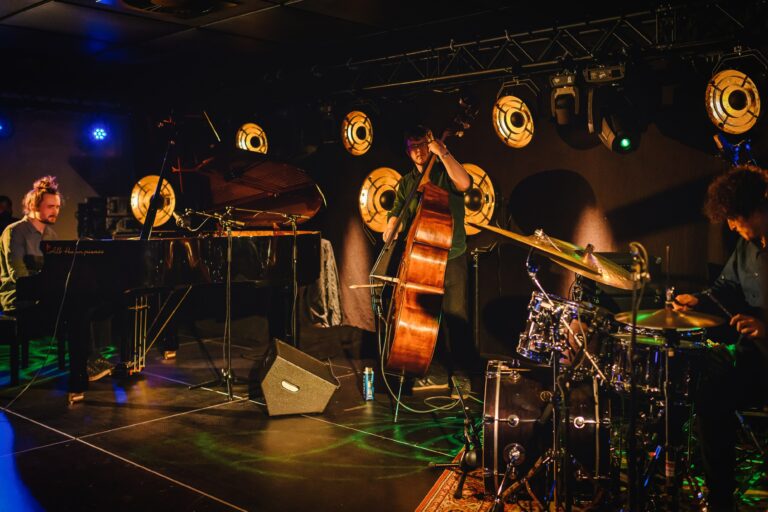 Een muzikant speelt een contrabas op een podium met druminstrumenten en sfeerverlichting op de achtergrond.