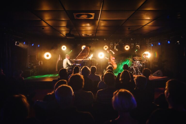 Een live muziekoptreden met een pianist en andere muzikanten op een podium, omringd door sfeervolle lichten en een nieuwsgierige menigte.