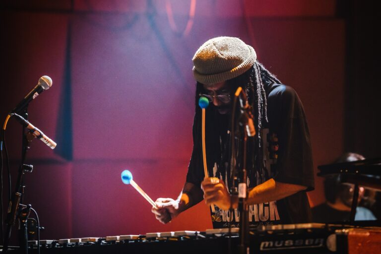 Een muzikant met een hoed speelt op een xylofoon onder sfeervolle verlichting.