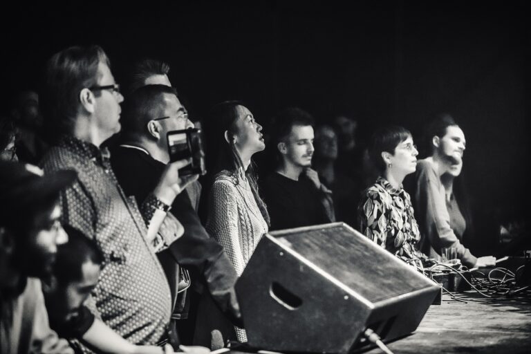 Een groep mensen kijkt en geniet van een optreden, met enkele bezoekers die aan de voorkant staan en anderen daarachter.