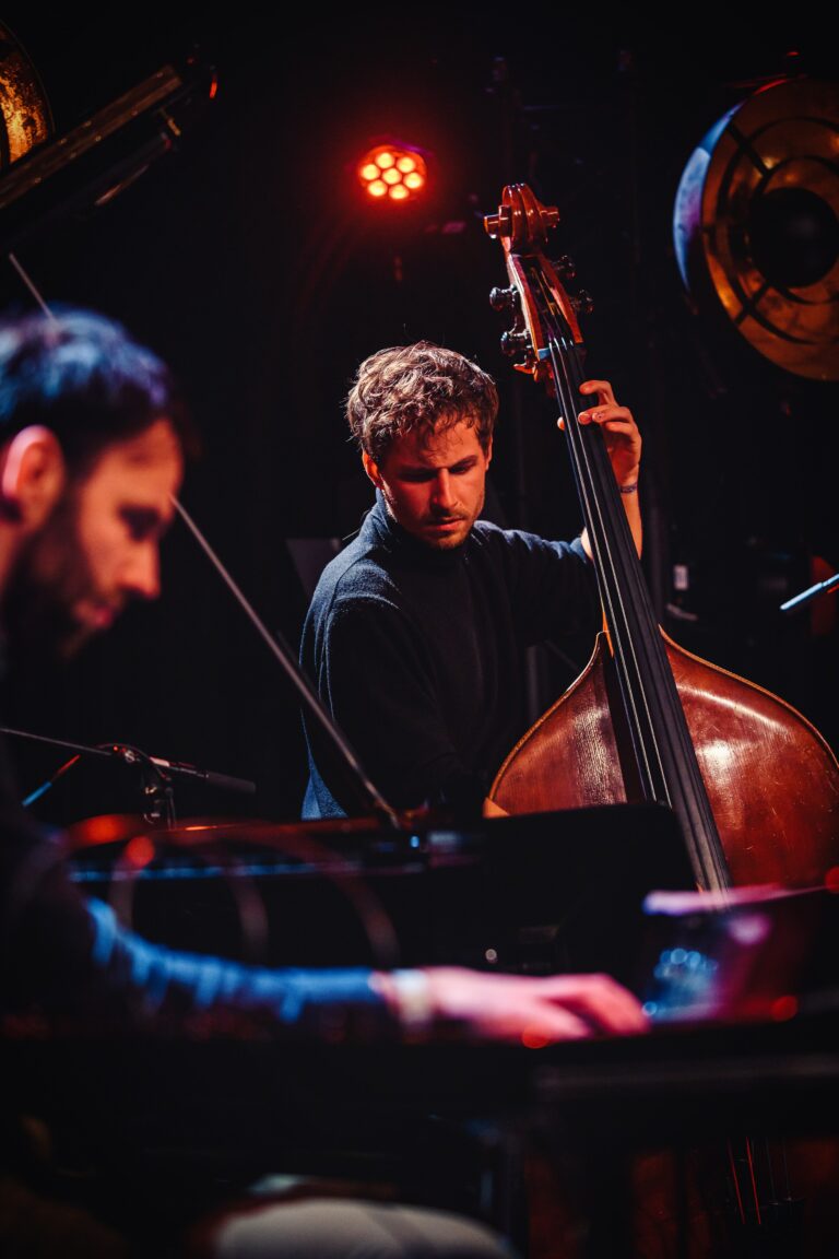 Twee muzikanten spelen samen, één op een piano en de ander op een contrabas, met een sfeervolle verlichting op de achtergrond.