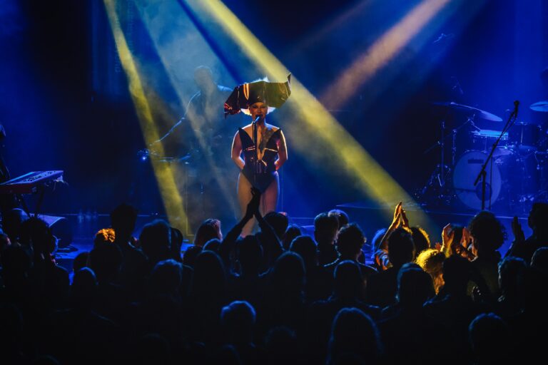 Een muzikant staat met een groot instrument op het podium terwijl het publiek hem toejuicht, omringd door kleurrijke lichtstralen.