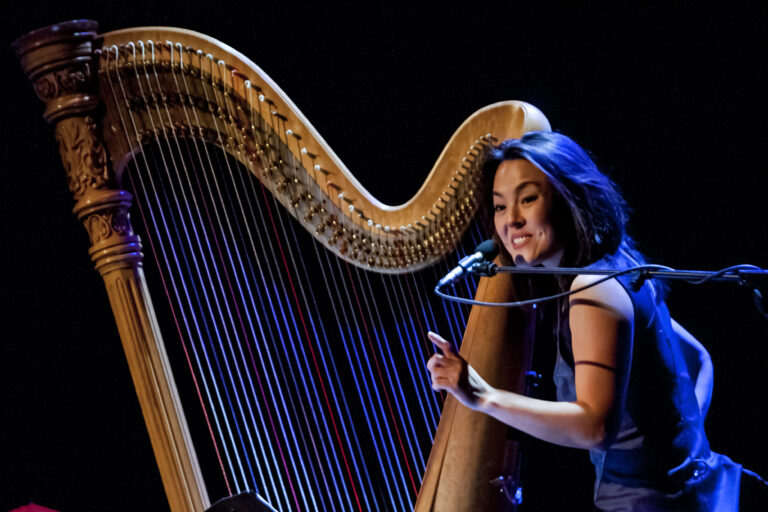 Een muzikante speelt harp en zingt in een donkere setting met kleurrijke verlichting.