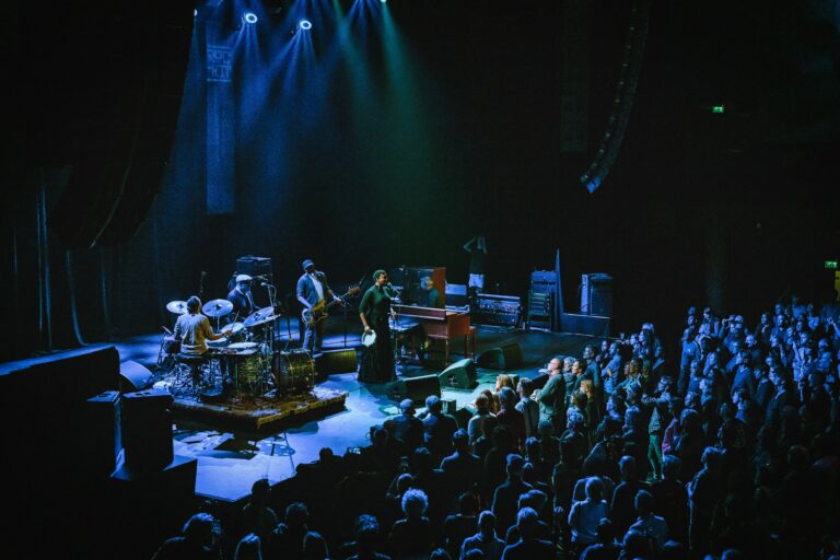 Een live band optredend op een podium met een enthousiaste menigte in de donkere zaal.