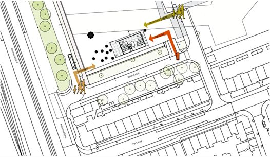 Kaart met locatie van het informatiecentrum in het Stationsgebied.