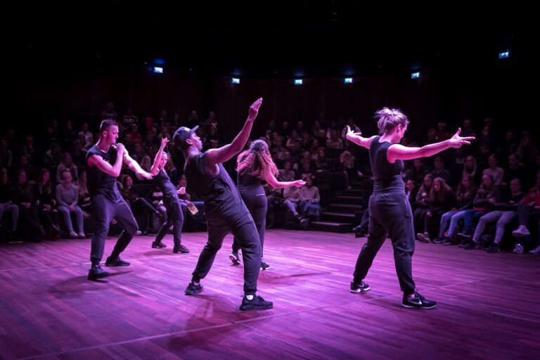 Dansgroep met paars licht op rug foto gemaakt