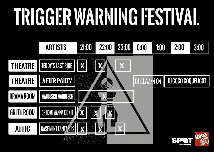Schema voor het Trigger Warning Festival met de optredens en tijdstippen van verschillende artiesten.