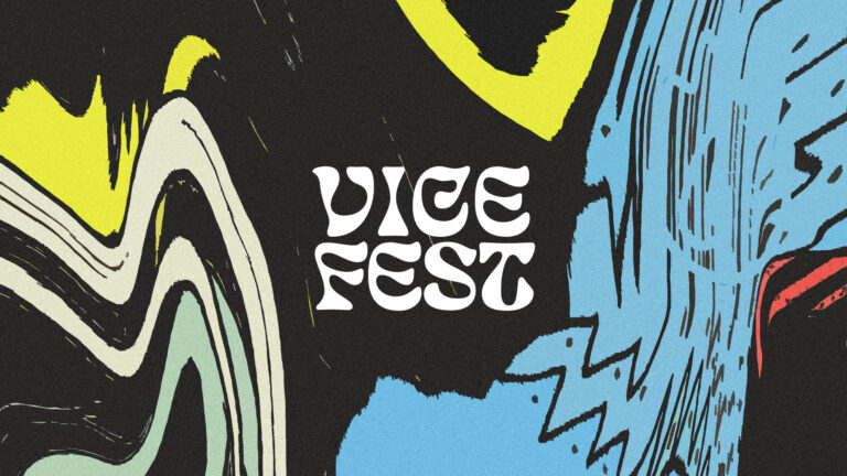 Logo van Vice Fest met kleurrijke abstracte achtergrond.