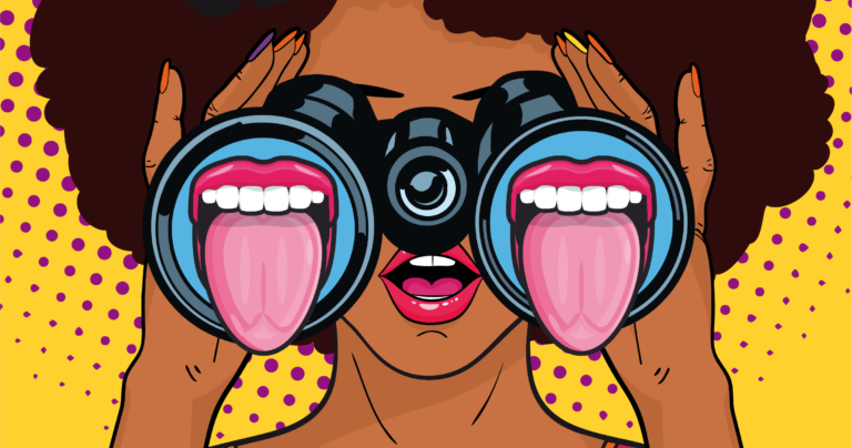 Animatie van een persoon die door een verrekijker kijkt met twee monden met tong eruit.