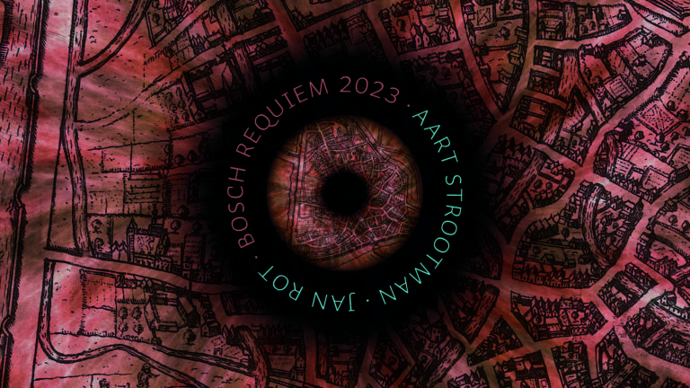 Abstracte afbeelding met een centraal oogmotief en kleurrijke, complexe achtergrond, met de tekst 