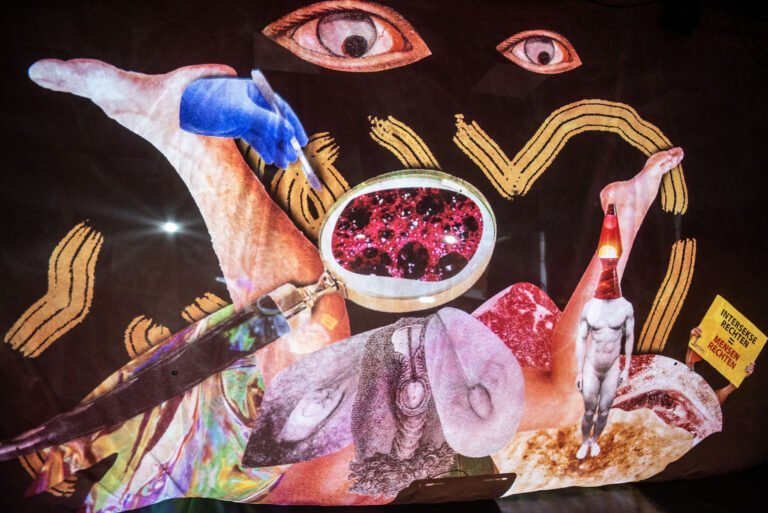 Een collage met verschillende elementen, waaronder handen, abstracte vormen en surrealistische afbeeldingen.