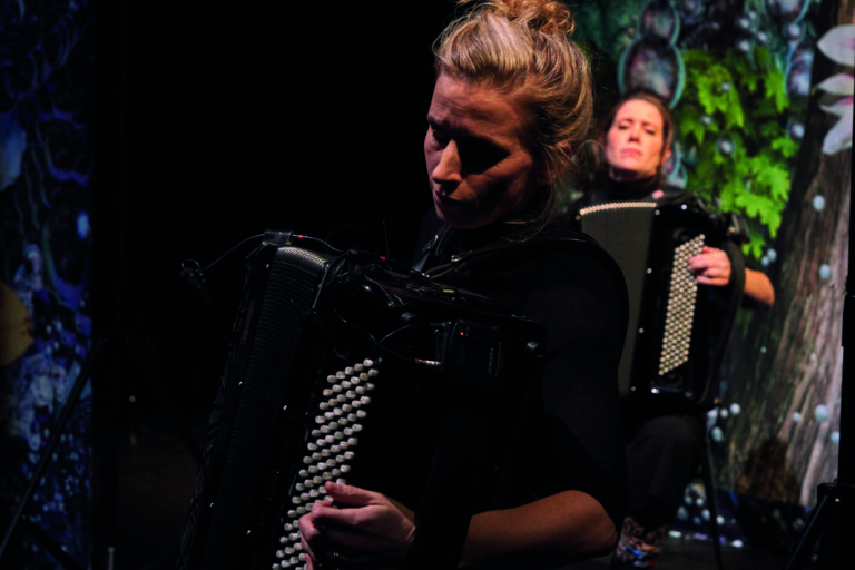 Een muzikant speelt accordeon op een podium, met een andere muzikant op de achtergrond.