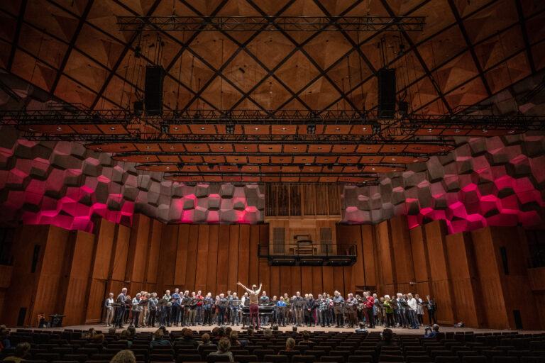 Een foto van veraf met het hele kamerkoor en de dirigent die ervoor staat te dirigeren