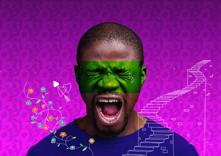 Man die met zijn ogen dicht en mond open schreeuwt. Voor een fel paarse achtergrond. Er zit een groene strook voor zijn ogen.