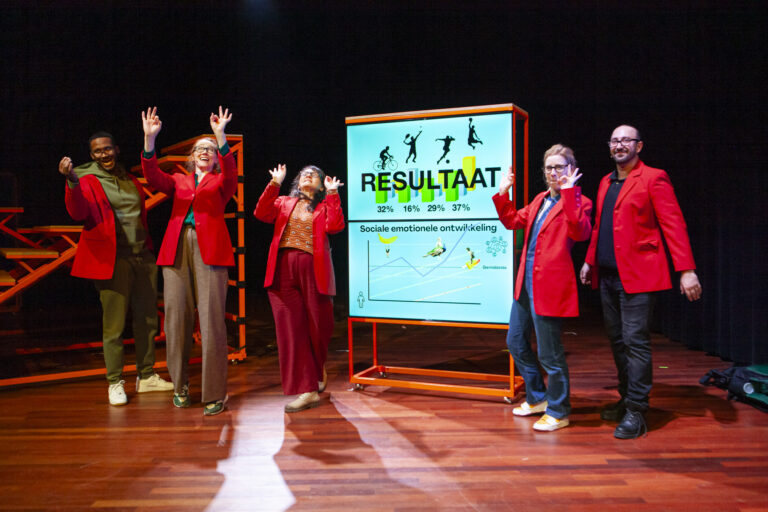Acteurs in rode jassen voor een presentatiebord.