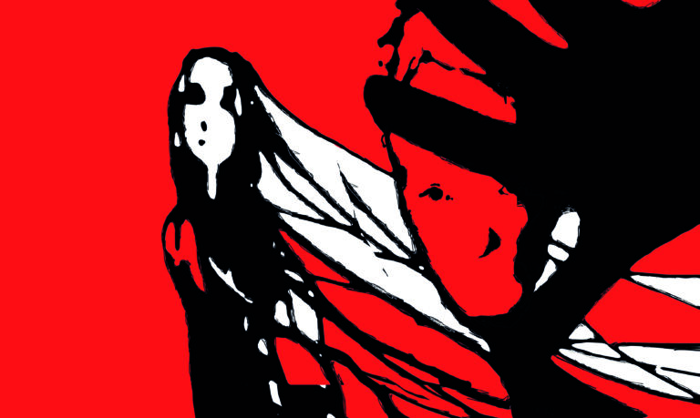 Een rood abstract kunstwerk met zwarte en witte vlakken.