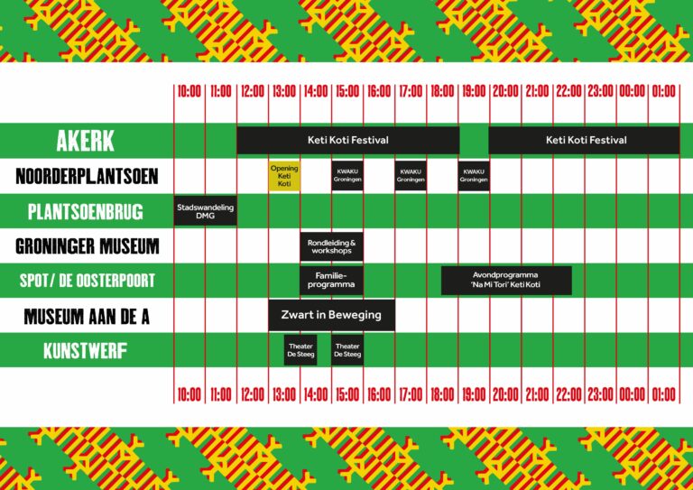 Een schema met geplande evenementen, weergegeven in groene en rode kleuren met een feestelijke achtergrond.