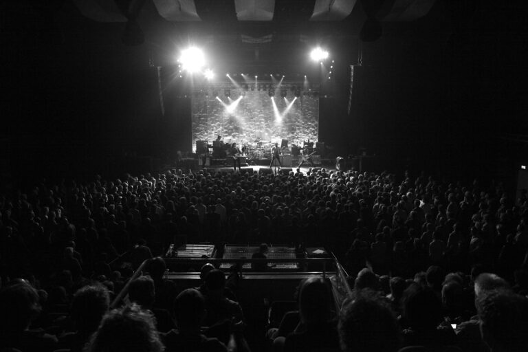 Een druk concert met een menigte in zwart-wit, verlicht door felle lichten van het podium.