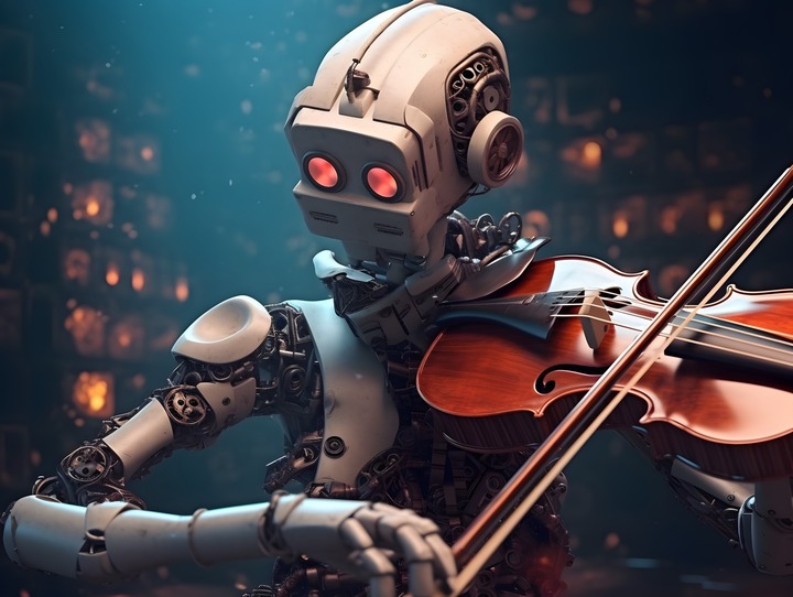 Een robot die viool speelt met rode ogen op de achtergrond van een stijlvolle omgeving.