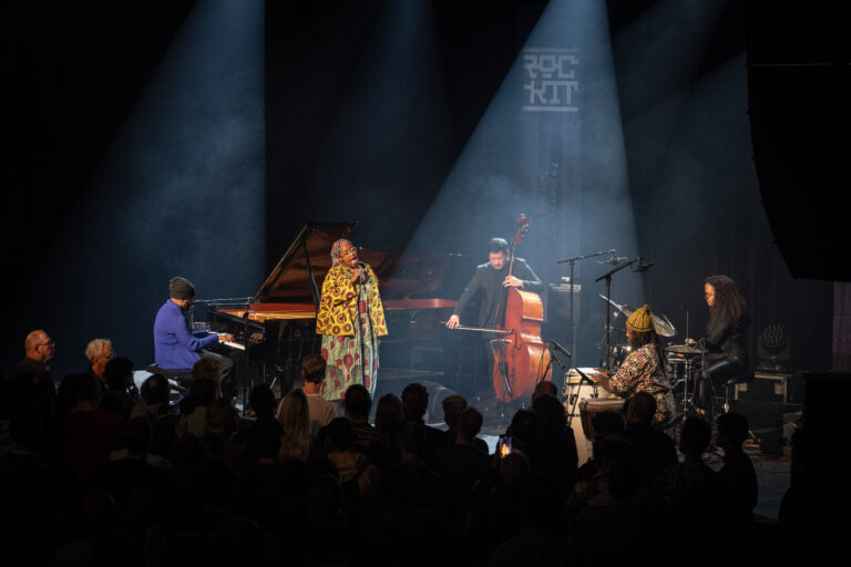Een live muziekoptreden met een zangeres en vier muzikanten op een podium, omringd door een publiek in een sfeervol verlichte zaal.