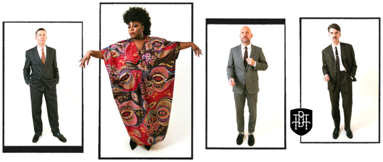 drie mannen en een vrouw staan in een rechthoek met witte achtergrond.