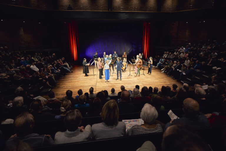 Muziekgroep op een verlicht podium met een groot publiek eromheen.