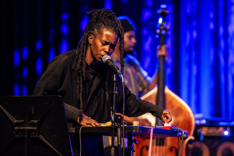 Een muzikant zingt en speelt op een instrument, met een bassist op de achtergrond, terwijl ze optreden op een podium met blauwe verlichting.